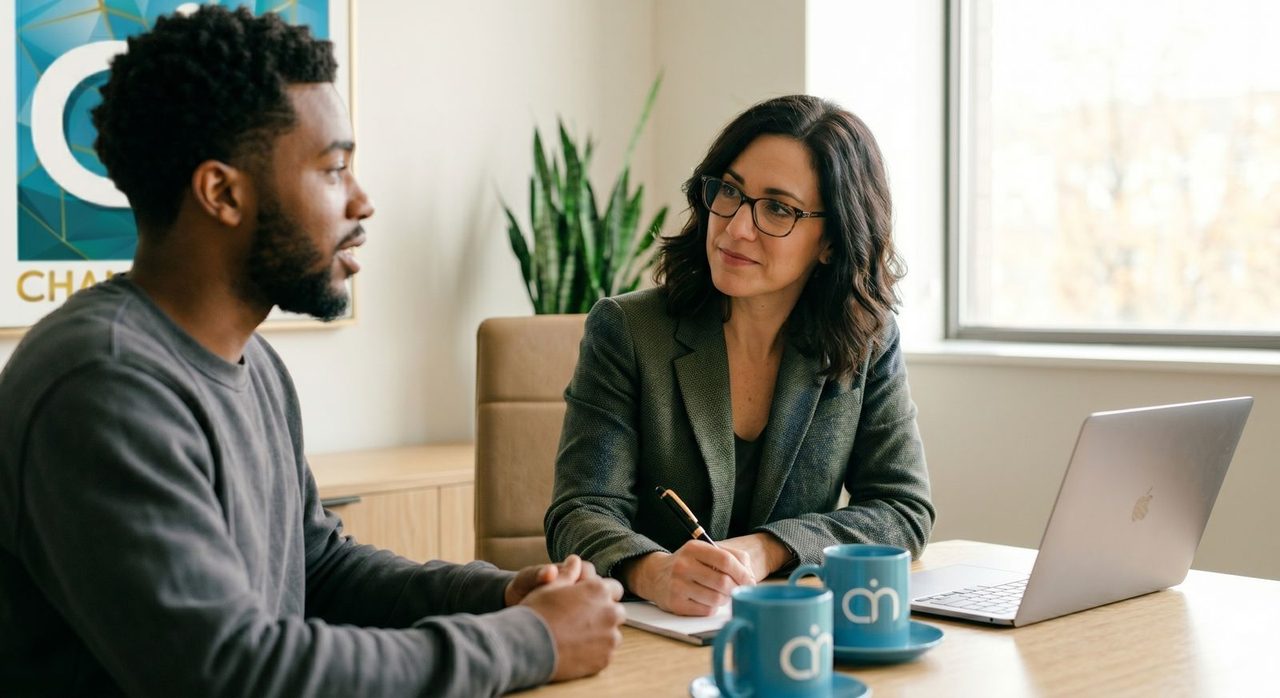 Einzelcoaching am Tisch mit Notizen und Change-it-now-Tassen