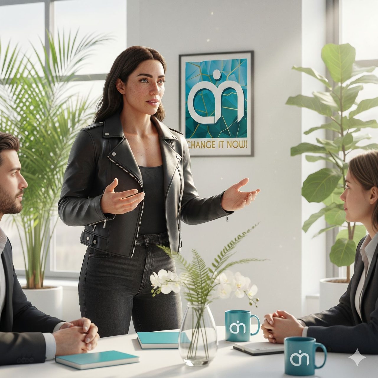 Besprechung im Team vor dem Change-it-now-Logo