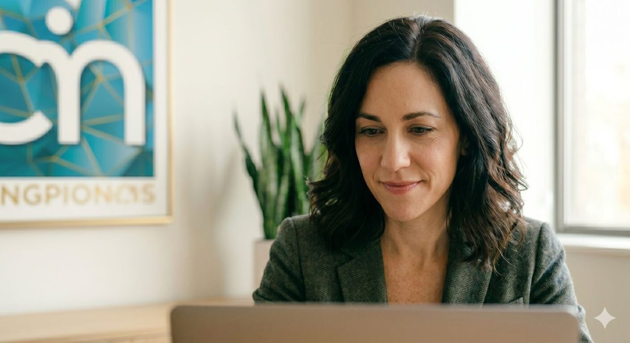 Coachin von Change it now! bei der Arbeit, im Hintergrund das Firmenlogo